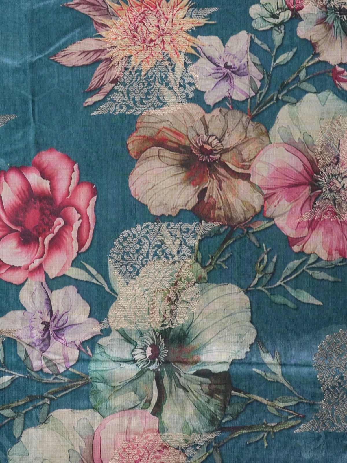 Teal blue semi tussar saree with multicolour floral print and silver zari border