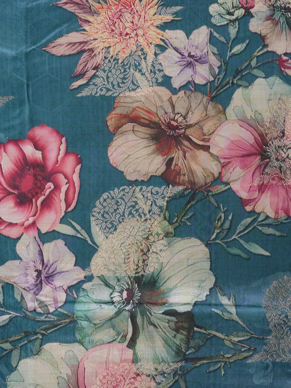 Teal blue semi tussar saree with multicolour floral print and silver zari border