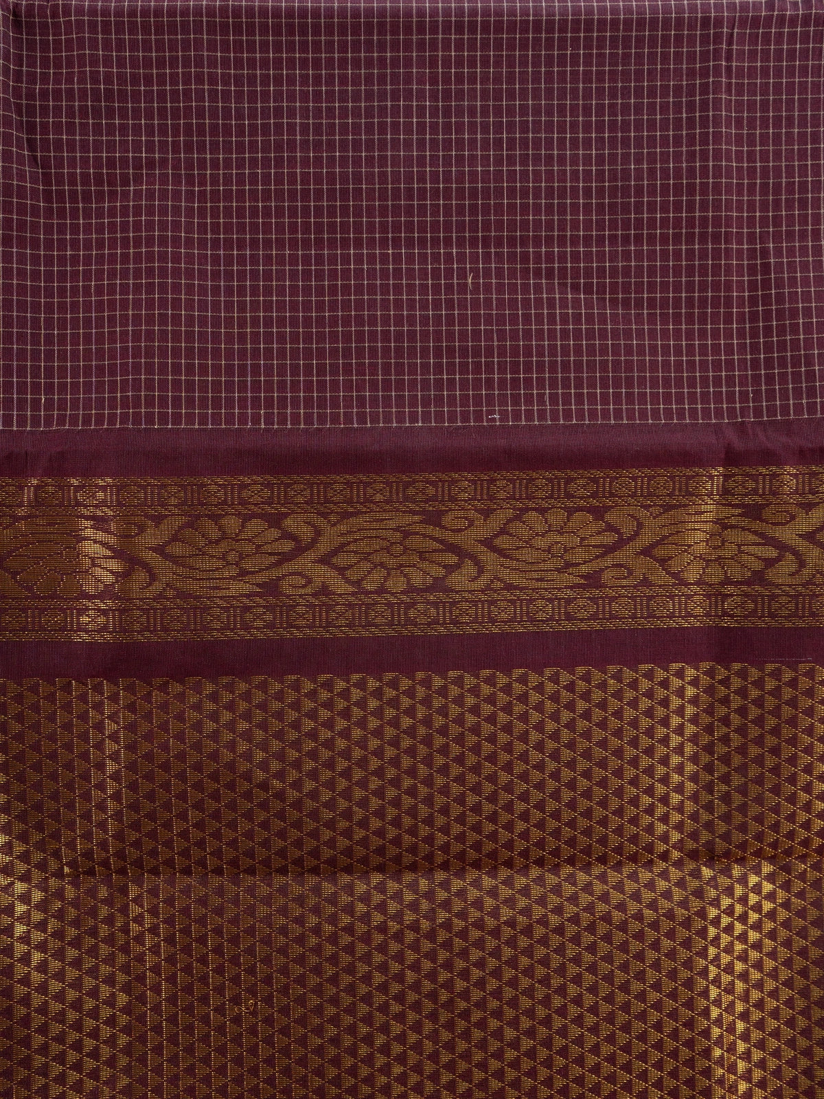 Maroon Chettinad cotton saree with gold zari temple border and contrast yellow blouse