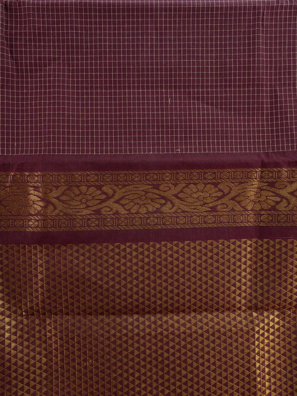 Maroon Chettinad cotton saree with gold zari temple border and contrast yellow blouse