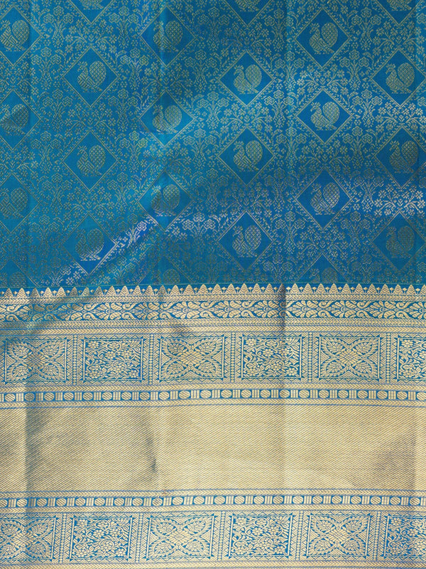 Peacock blue pure Kanchipuram silk saree with all-over gold zari brocade, peacock motifs and broad contrast gold zari border