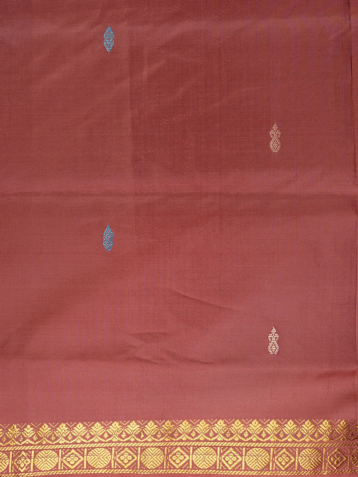 Maroon banana silk saree with mustard contrast pallu and gold zari border