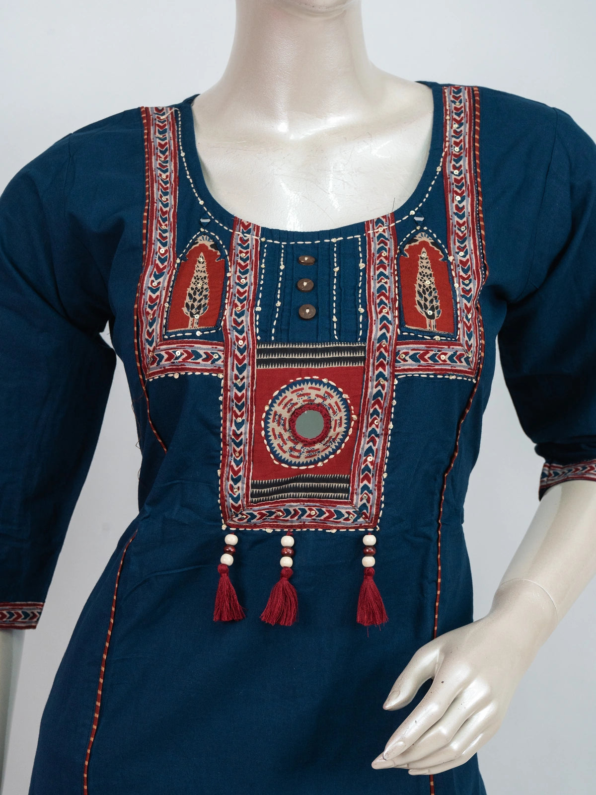 Teal Blue cotton straight cut kurti set with maroon mirror work embroidered yoke and block-printed dupatta