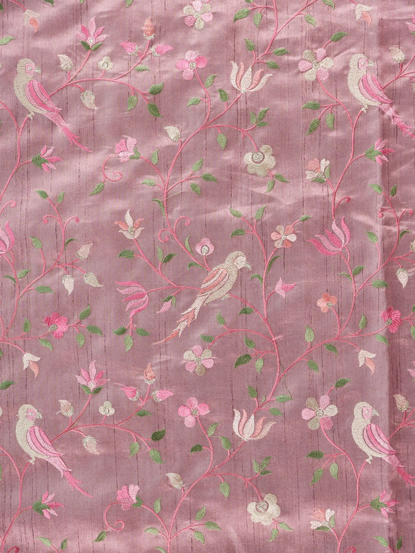 Dusty rose pink designer saree with floral and bird thread embroidery and temple border
