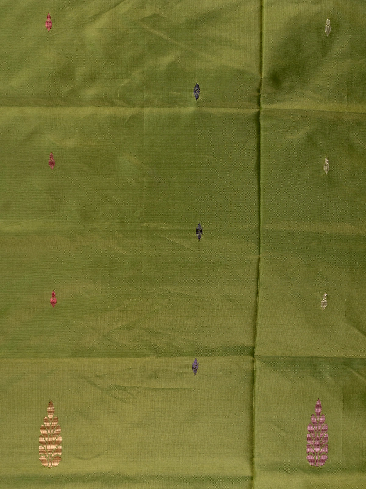 Olive green and peach Banana Silk saree with woven buttas and contrast striped pallu