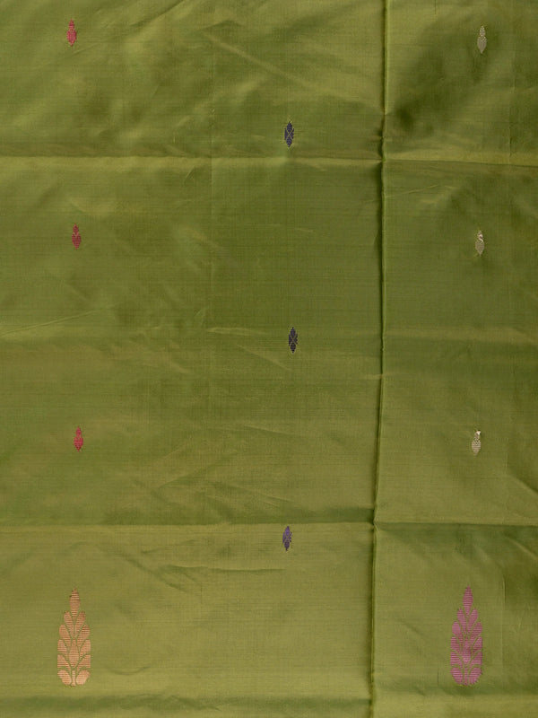 Olive green and peach Banana Silk saree with woven buttas and contrast striped pallu