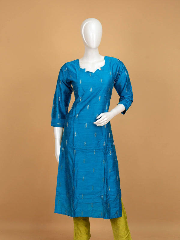 Teal Blue Art Silk zari buti straight cut kurti set with lime green pants and contrast bordered dupatta