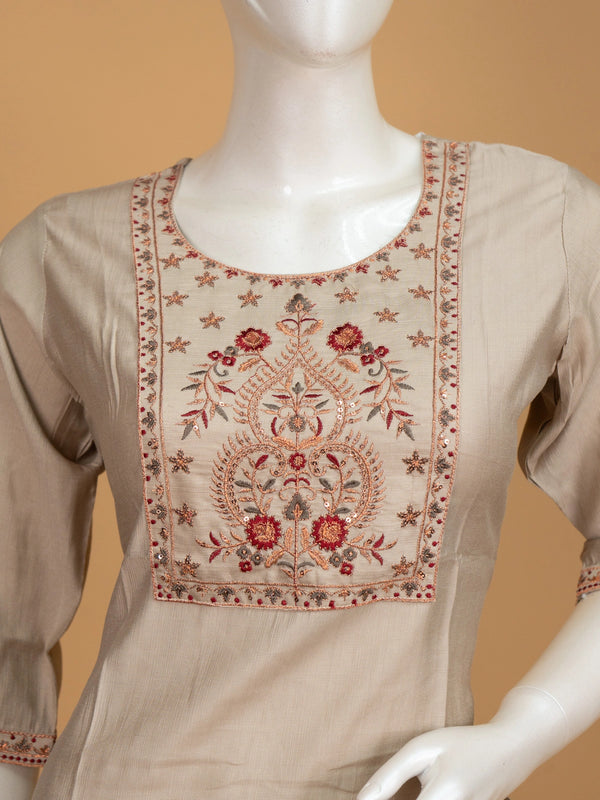 Beige floral embroidered cotton straight cut kurti top with sequin yoke