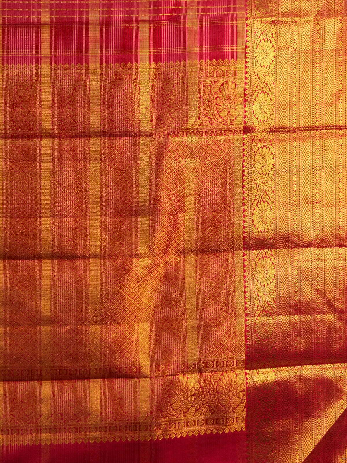 Red and gold pure Kanchipuram silk saree with checked body, gold zari buttas and ornate temple zari border