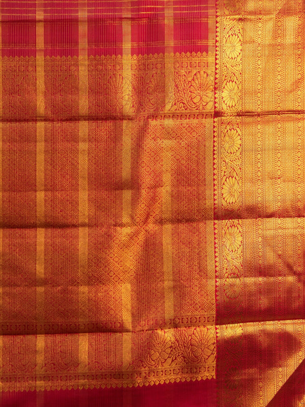 Red and gold pure Kanchipuram silk saree with checked body, gold zari buttas and ornate temple zari border