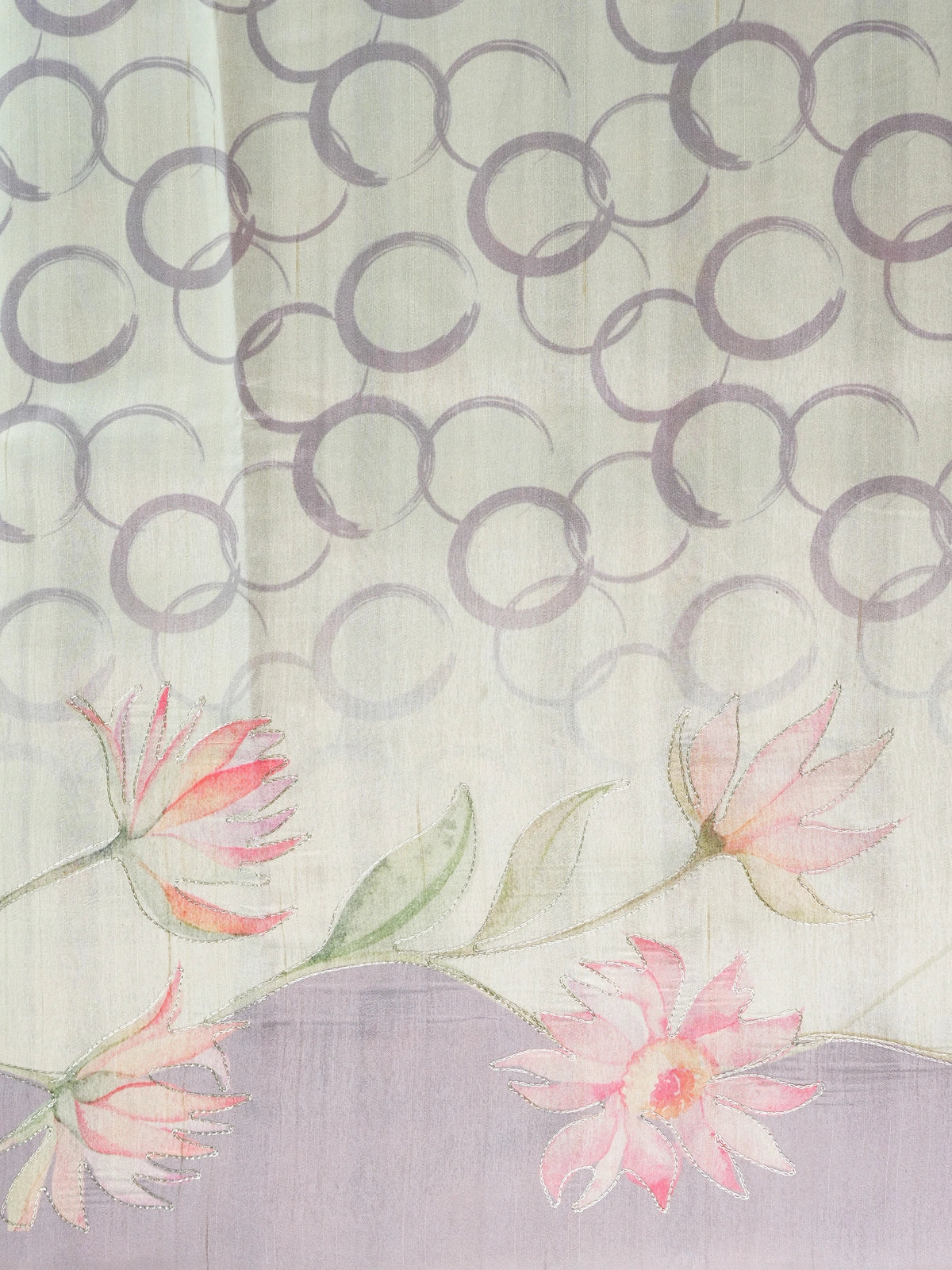 Cream and lavender designer silk saree with hand-painted lotus florals and silver thread work