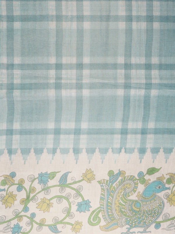 Teal blue and cream linen cotton saree with checked body and Kalamkari peacock printed pallu