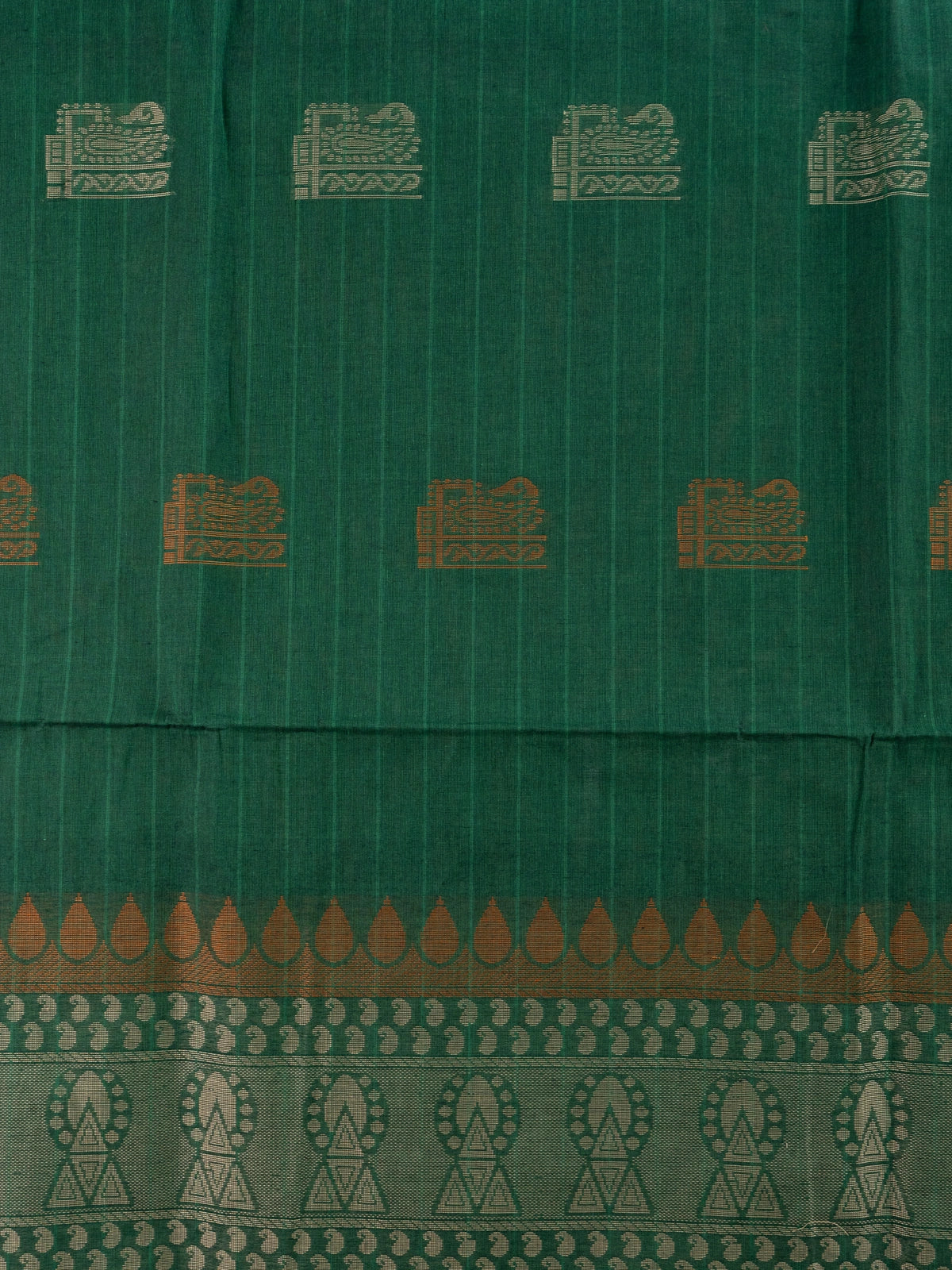 Green semi raw silk saree with contrast maroon zari border and woven pallu motifs