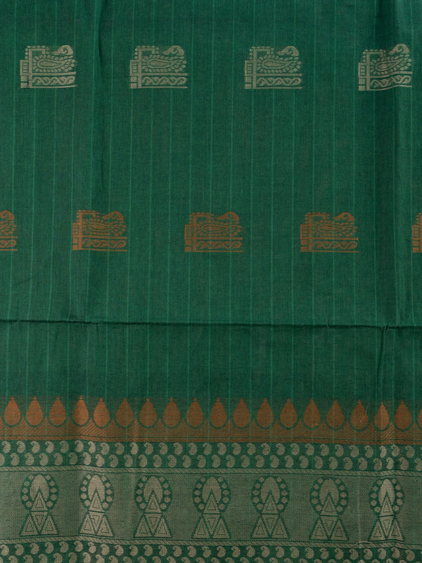 Green semi raw silk saree with contrast maroon zari border and woven pallu motifs
