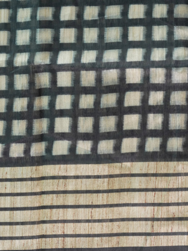 Beige and black checked semi tussar saree with black border and Kalamkari-style bird and floral pallu