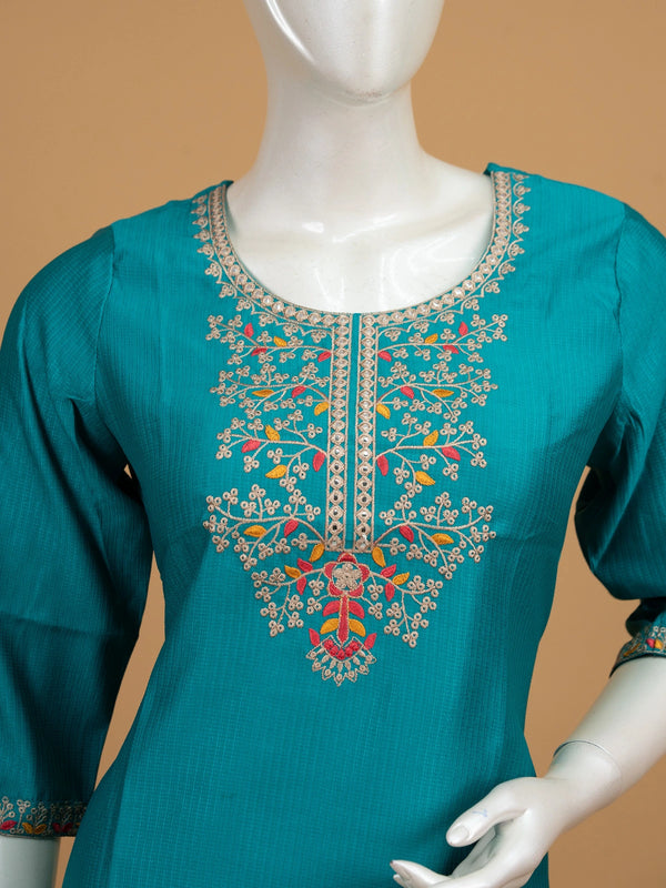 Teal embroidered cotton blend straight cut kurti top with floral zari neckline embroidery