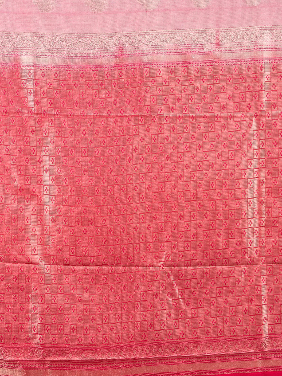 Rose pink and red semi silk saree with gold zari buttas and contrast zari border