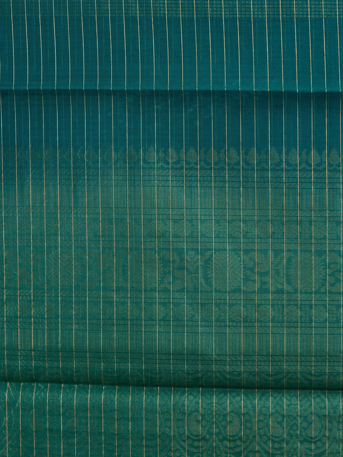Teal green pure silk cotton saree with gold zari checks and contrast temple zari border