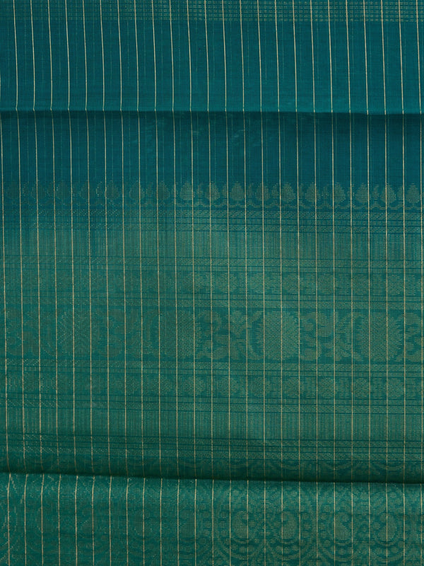 Teal green pure silk cotton saree with gold zari checks and contrast temple zari border