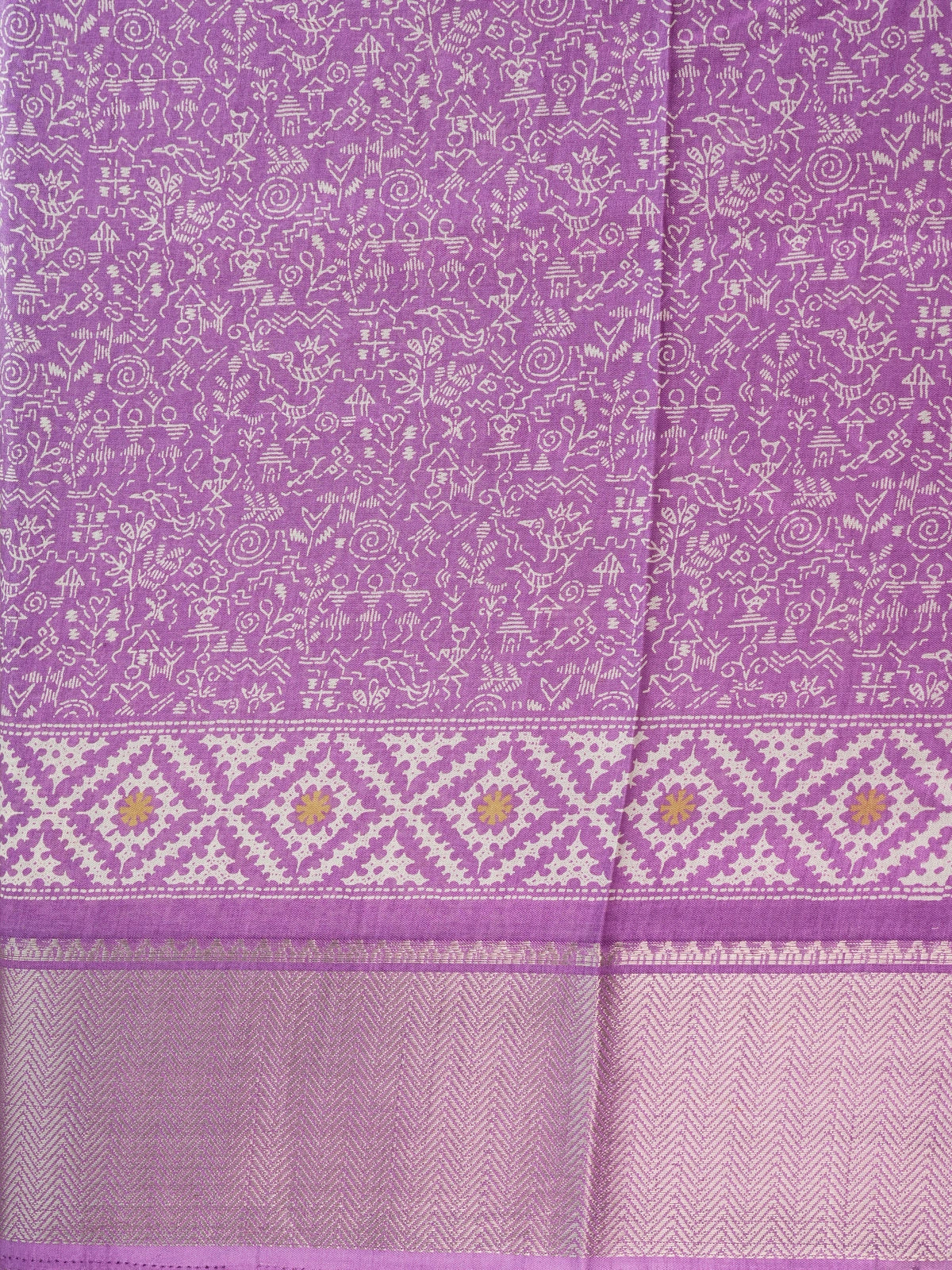 Purple Dola silk saree with white Warli-style print, patola pallu and silver zari border