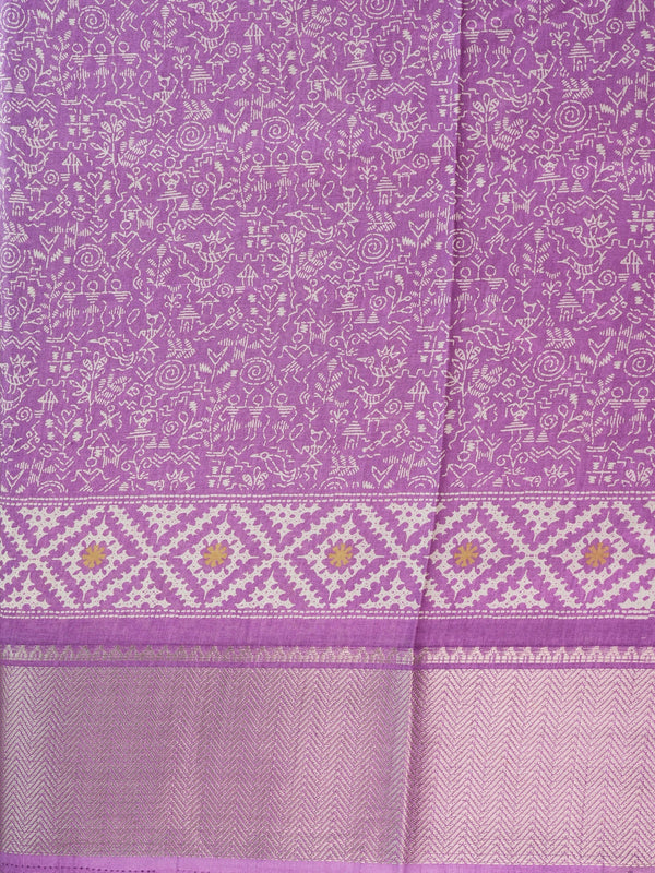 Purple Dola silk saree with white Warli-style print, patola pallu and silver zari border