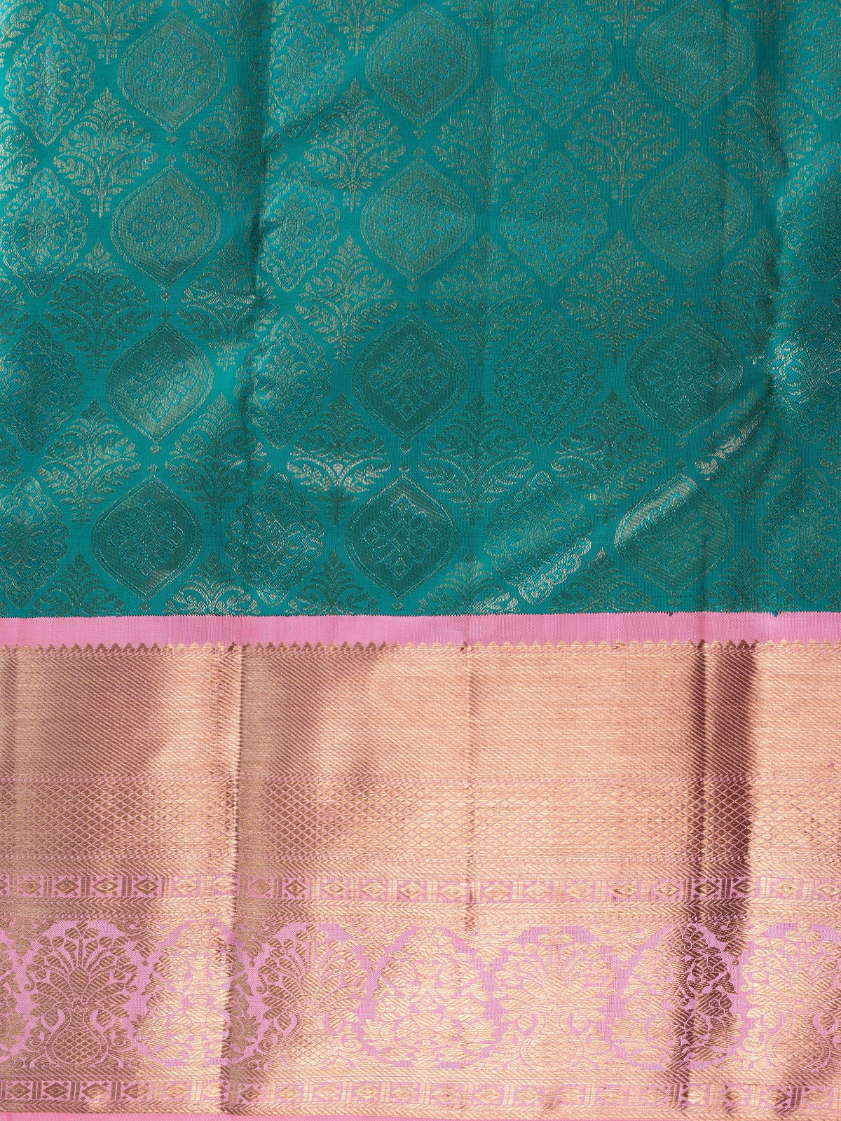 Teal green pure Kanchipuram silk saree with gold zari brocade body and contrast pink zari border
