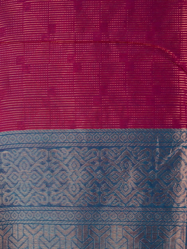 Magenta silk cotton saree with gold zari stripes and contrast blue zari border and pallu