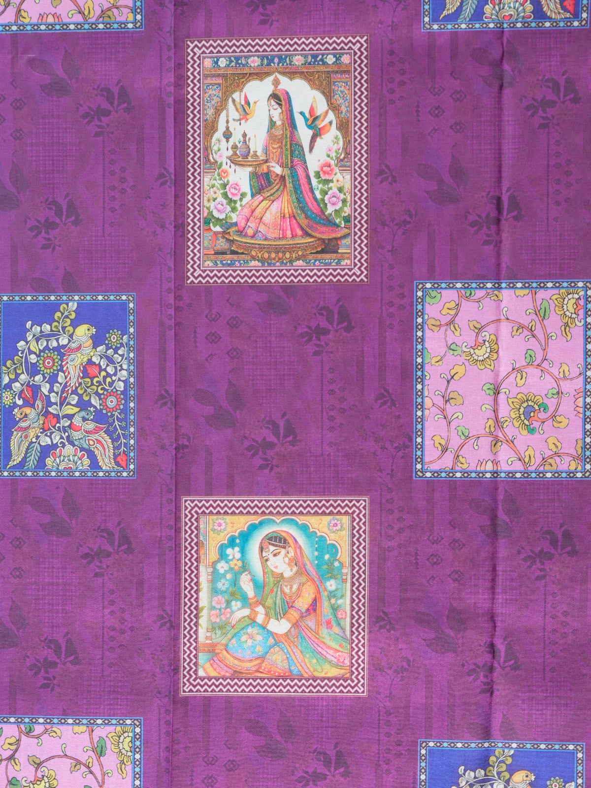 Purple Dola silk saree with Mughal miniature print panels and contrast pink gold zari border