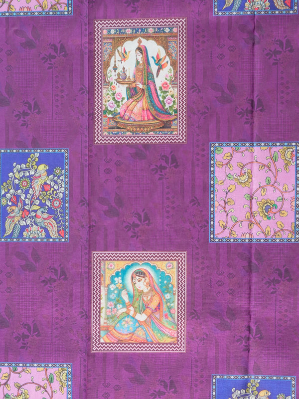 Purple Dola silk saree with Mughal miniature print panels and contrast pink gold zari border