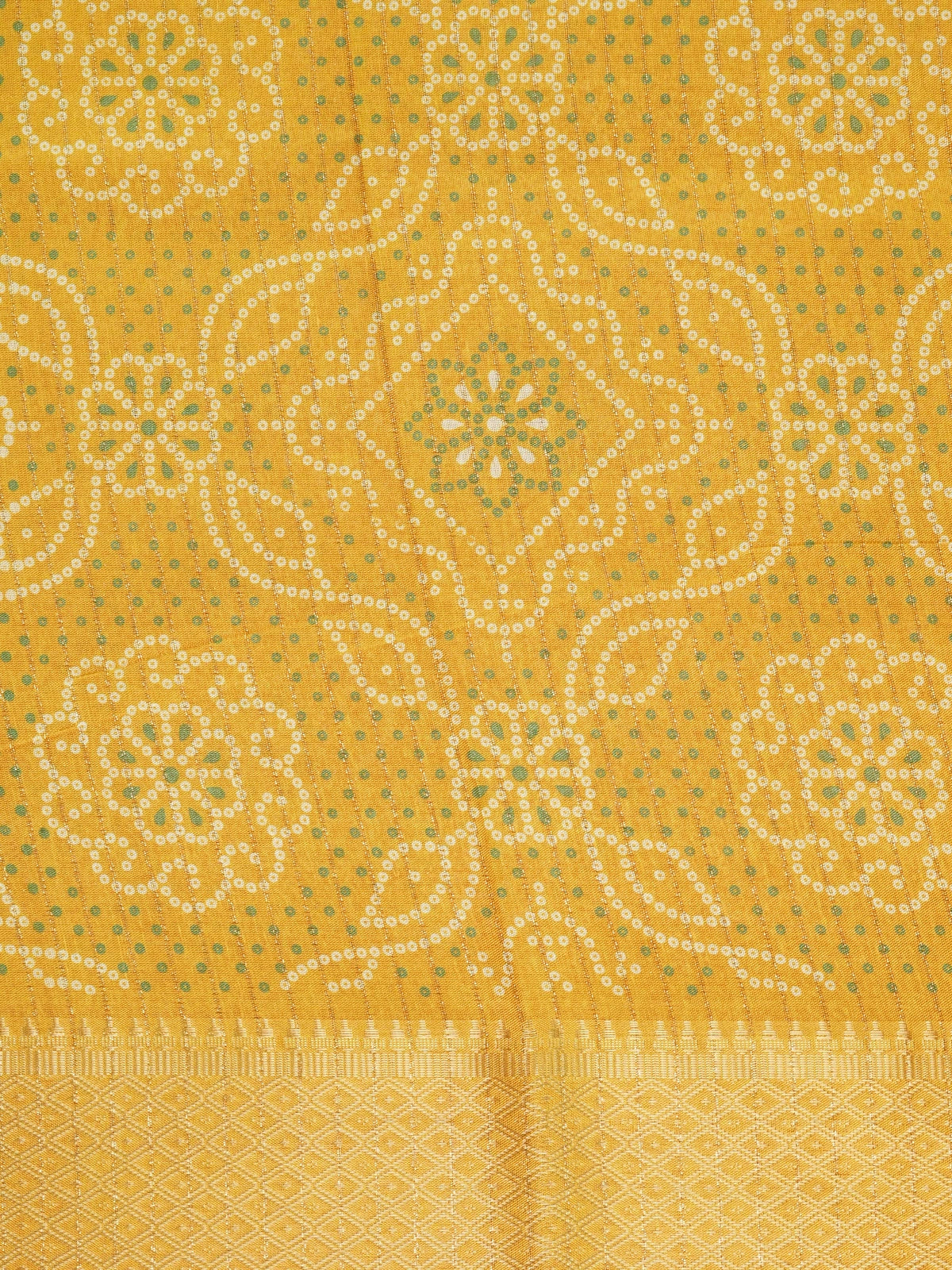 Mustard yellow bandhani print designer saree with gold zari border and banded pallu