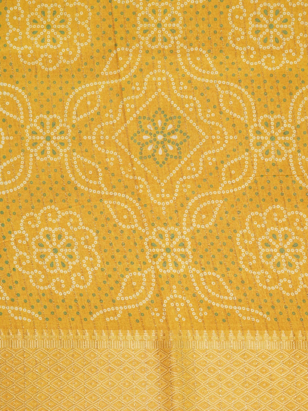 Mustard yellow bandhani print designer saree with gold zari border and banded pallu