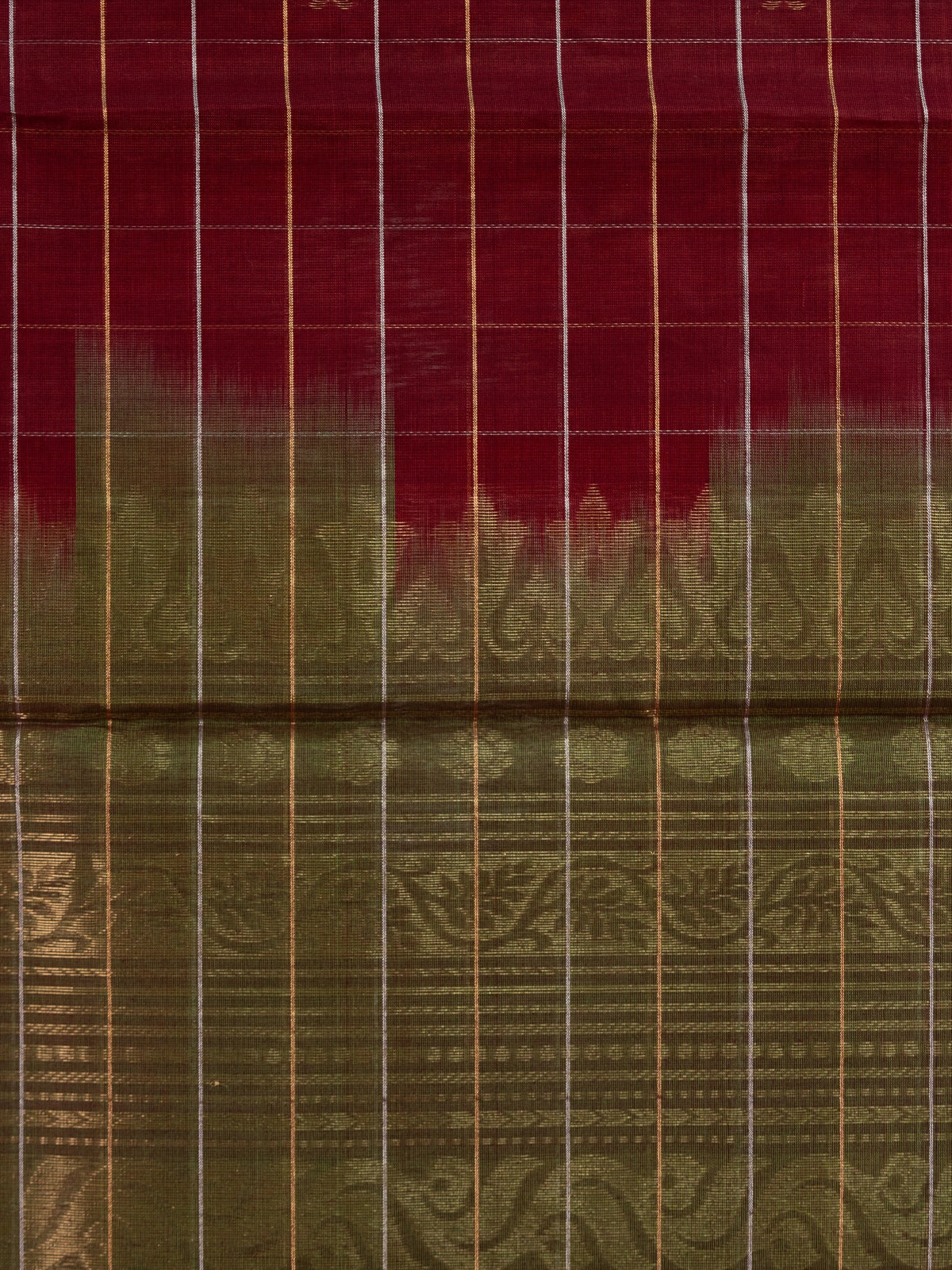 Maroon pure silk cotton saree with gold zari checks and contrast olive-green zari border and pallu