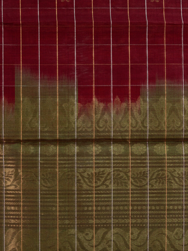 Maroon pure silk cotton saree with gold zari checks and contrast olive-green zari border and pallu