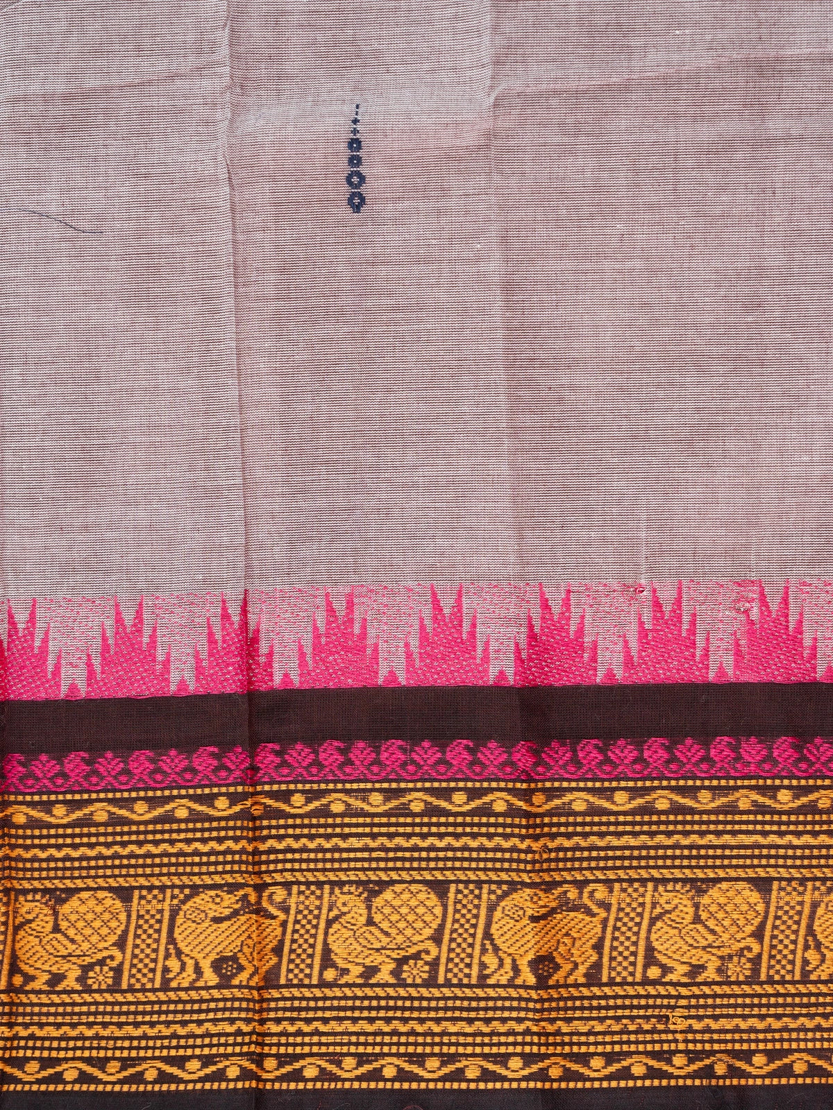 Grey Chettinad cotton saree with mustard and black contrast border, pink temple edging and woven animal motifs