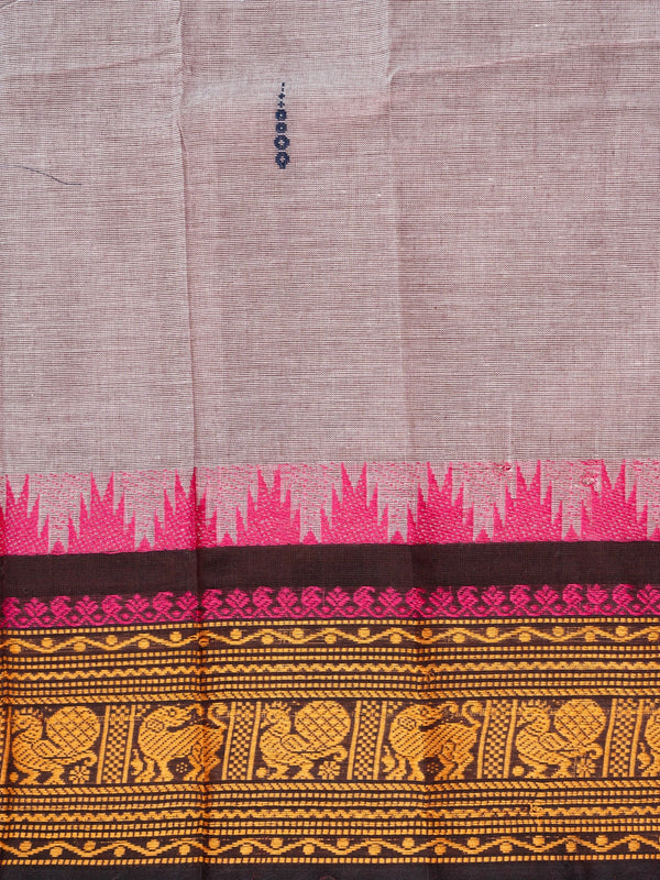 Grey Chettinad cotton saree with mustard and black contrast border, pink temple edging and woven animal motifs