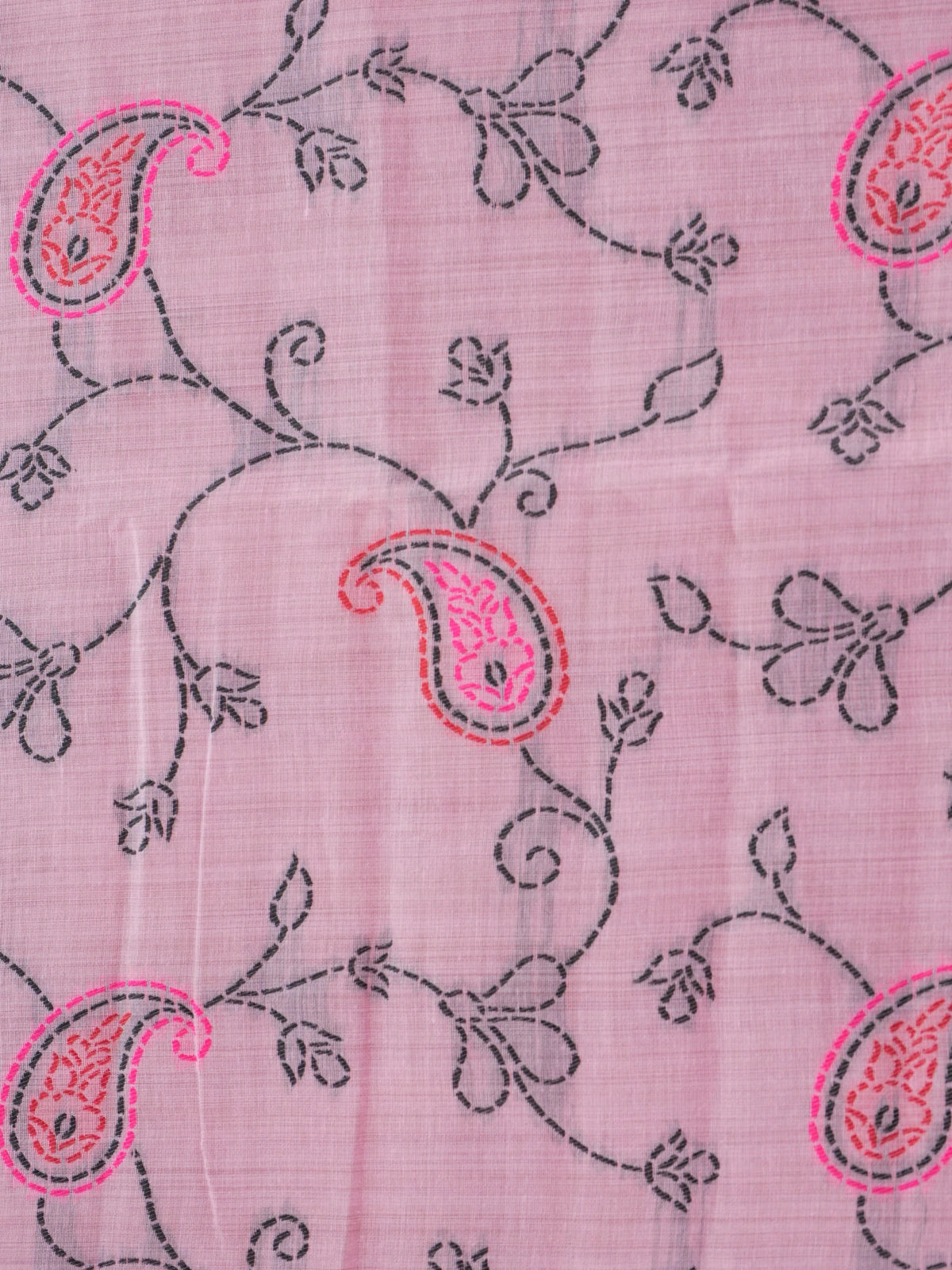 Pink linen cotton saree with kantha-style paisley embroidery and striped grey border