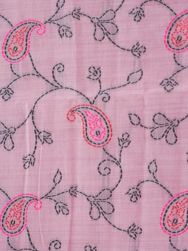 Pink linen cotton saree with kantha-style paisley embroidery and striped grey border