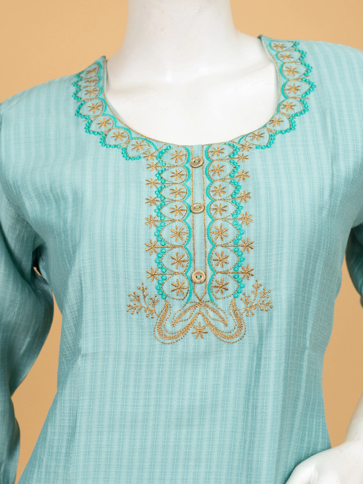 Sea Green cotton floral embroidered Anarkali kurti top with gold and teal thread work