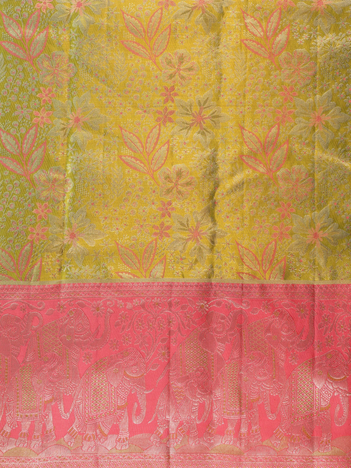 Mehendi green Pure Kanchipuram silk saree with pink contrast zari border and elephant motifs