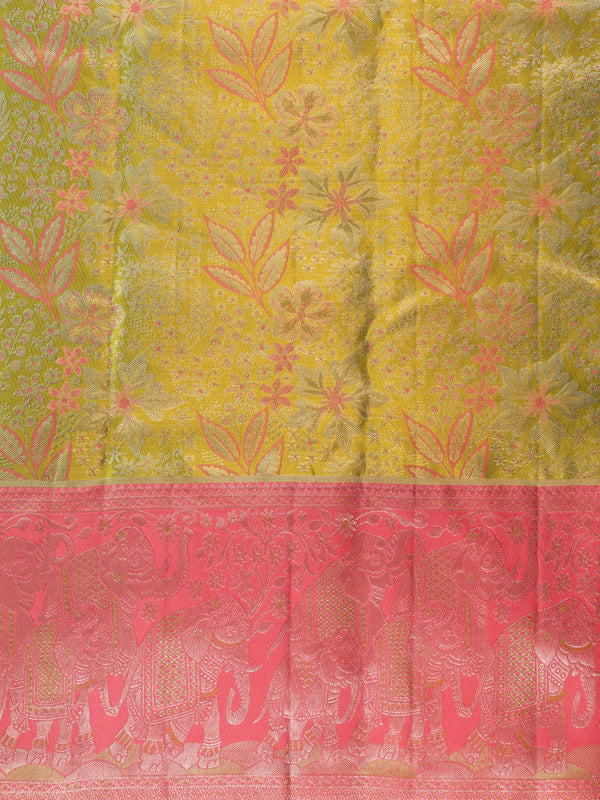 Mehendi green Pure Kanchipuram silk saree with pink contrast zari border and elephant motifs