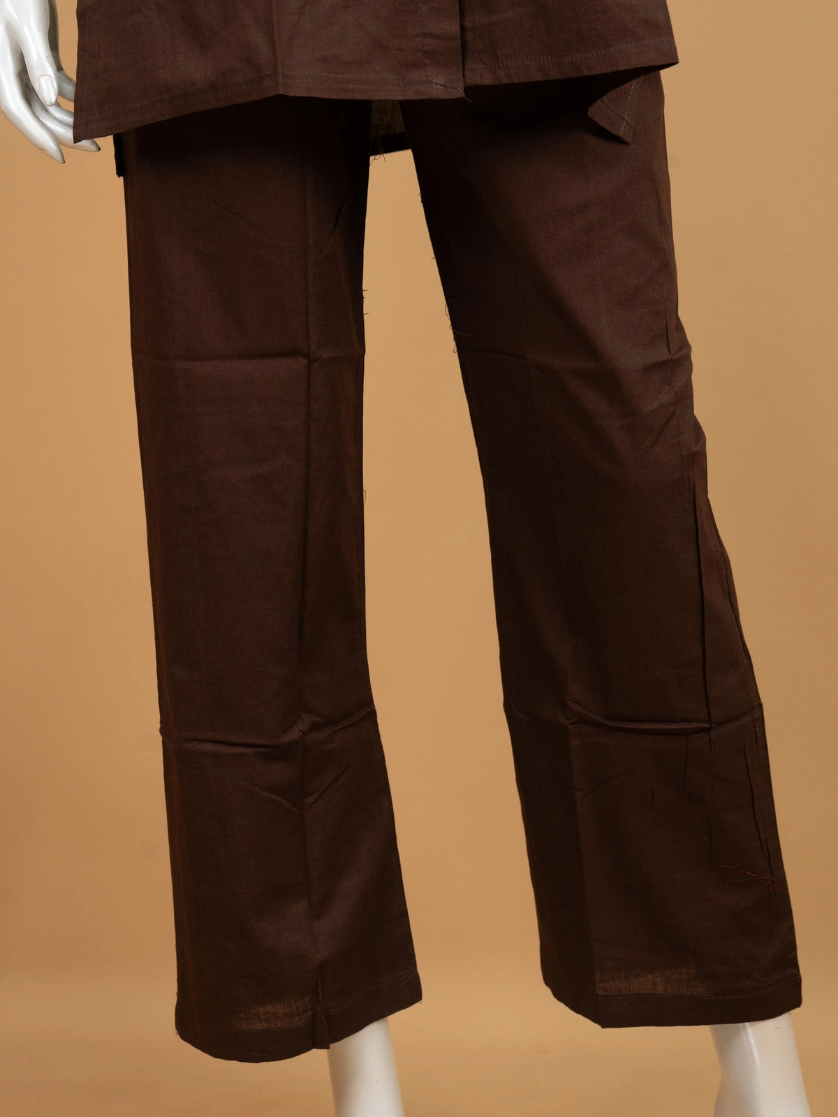 Brown floral applique cotton co-ord set with mandarin collar kurti and straight pants