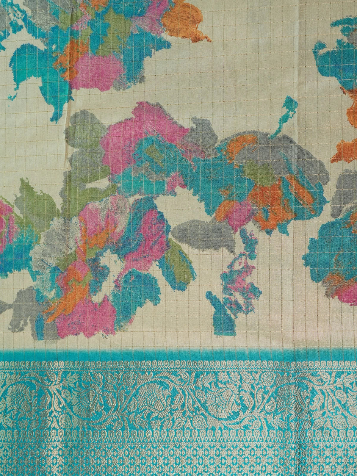 Cream Dola silk saree with multicolour floral print and turquoise zari border