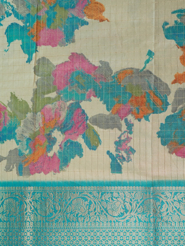 Cream Dola silk saree with multicolour floral print and turquoise zari border