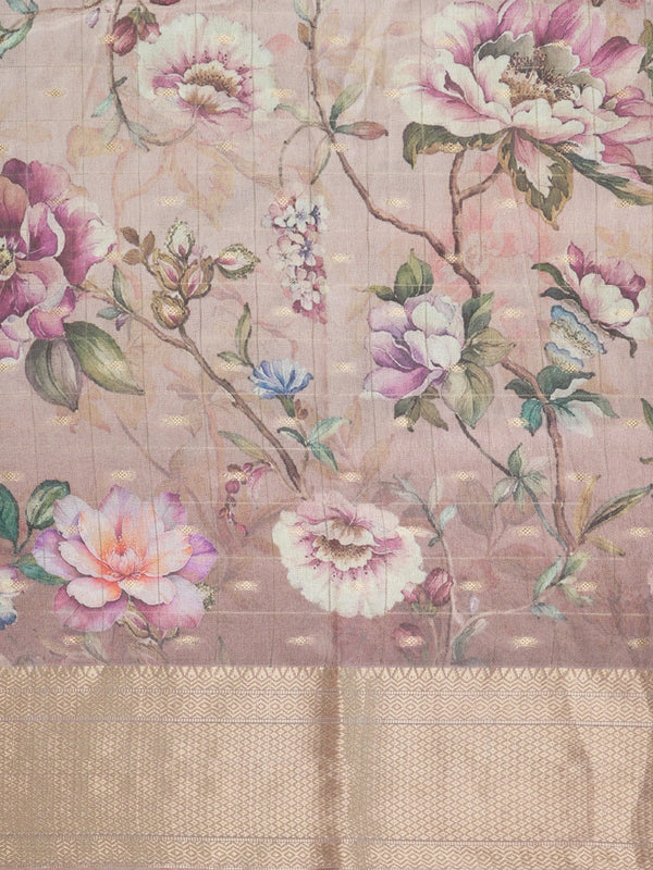Dusty rose designer saree with multicolour floral print, gold zari checks and woven gold border