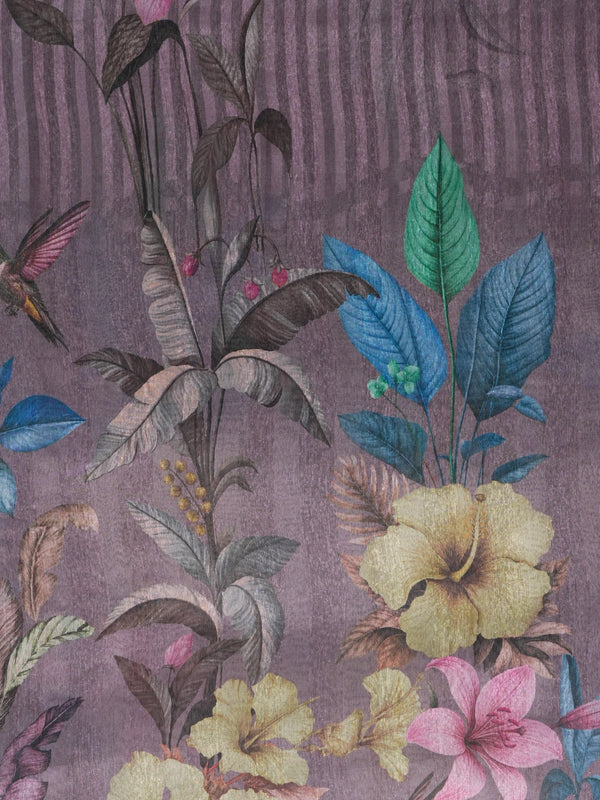 Mauve semi tussar saree with tropical floral printed pallu, gold zari border and contrast yellow blouse