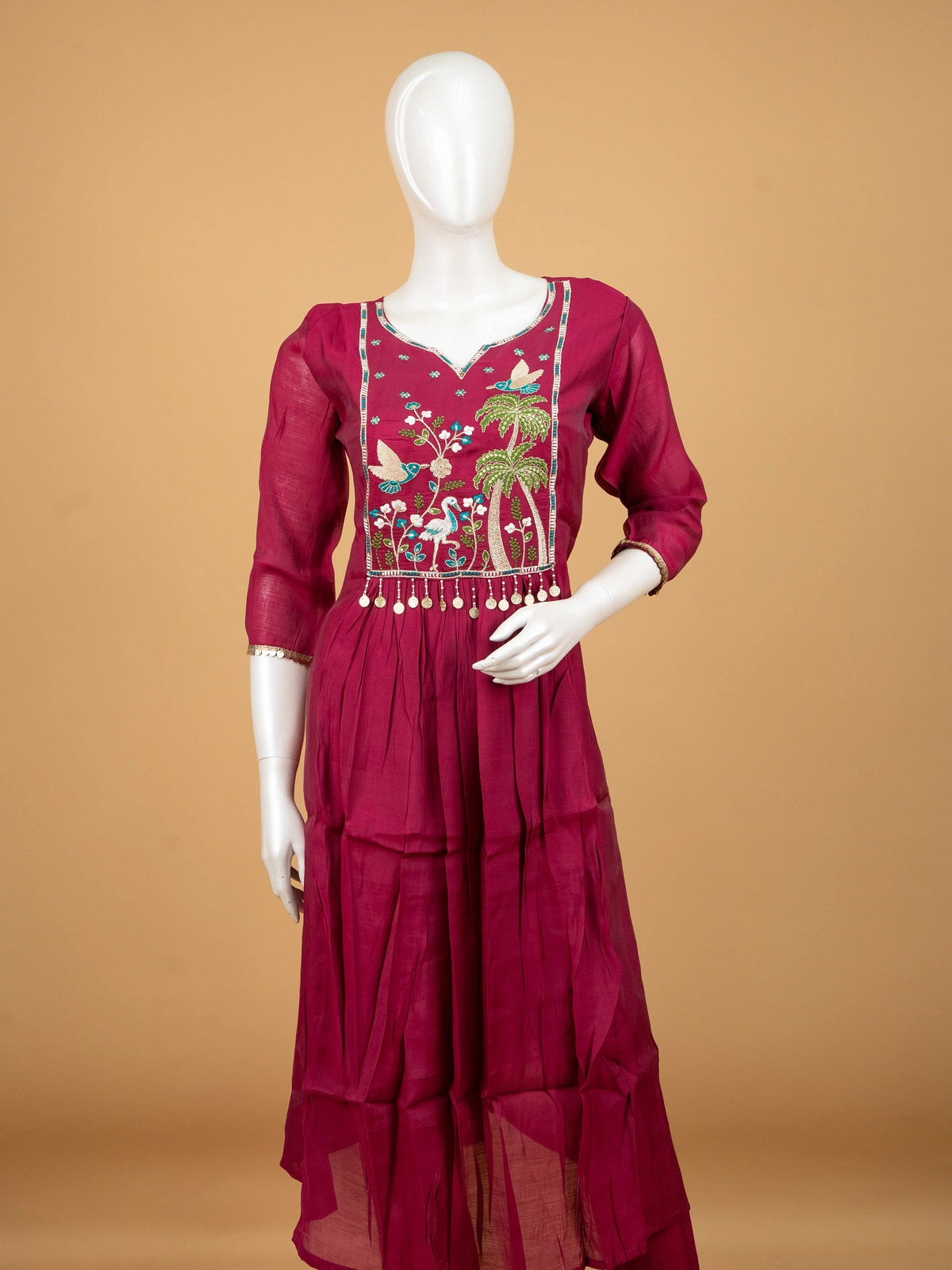 Rani Pink embroidered Anarkali kurti set with bird and palm motifs and matching dupatta