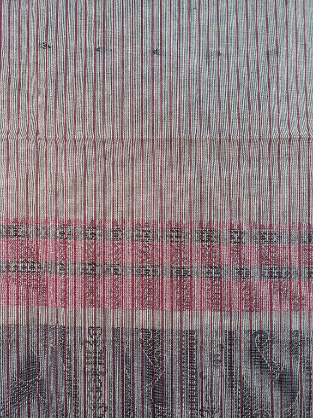Grey linen cotton saree with maroon pinstripes, mustard contrast border, and paisley woven pallu