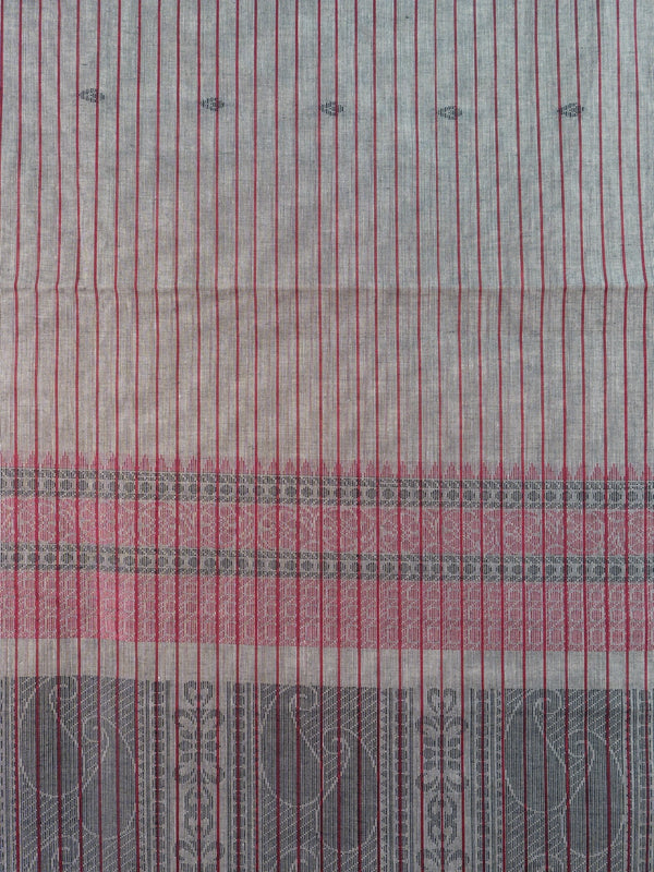 Grey linen cotton saree with maroon pinstripes, mustard contrast border, and paisley woven pallu