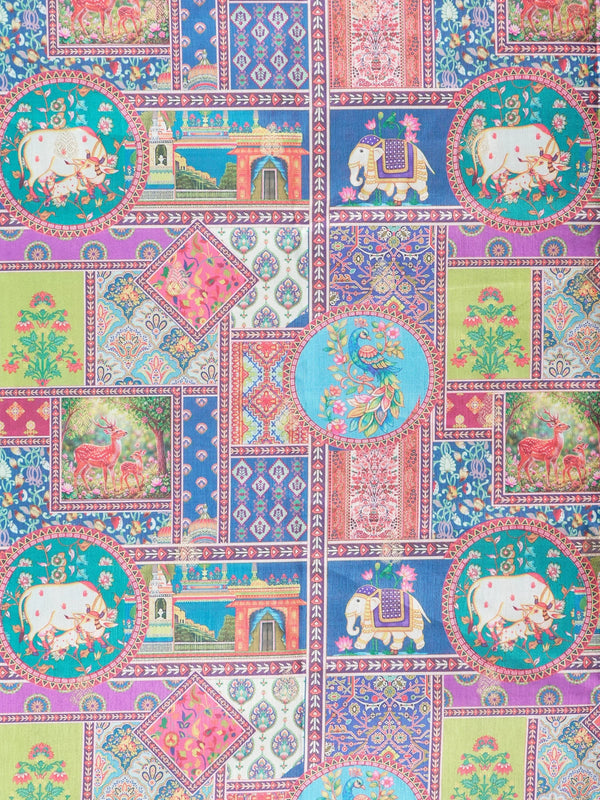 Multicolour Dola silk saree with Pichwai patchwork print and contrast blue zari border
