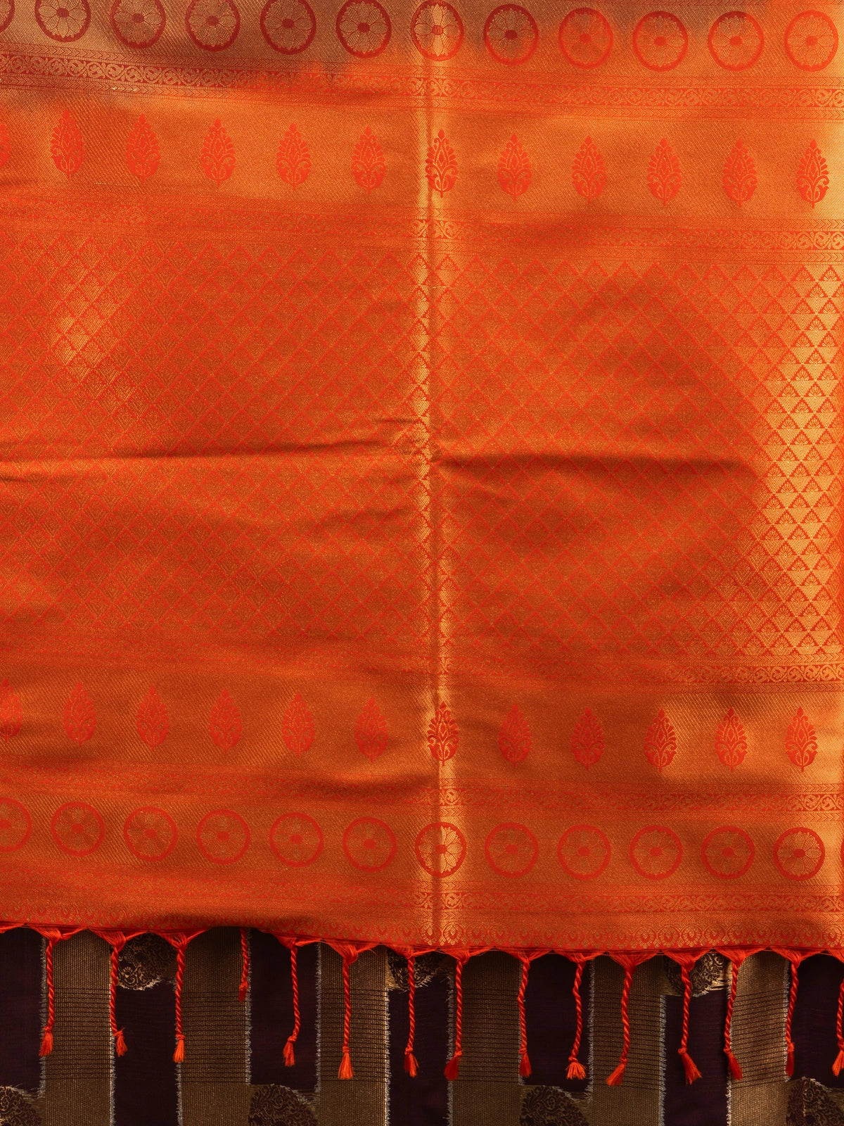 Brown and orange Kanchipuram Fancy Silk saree with gold zari checks and contrast border